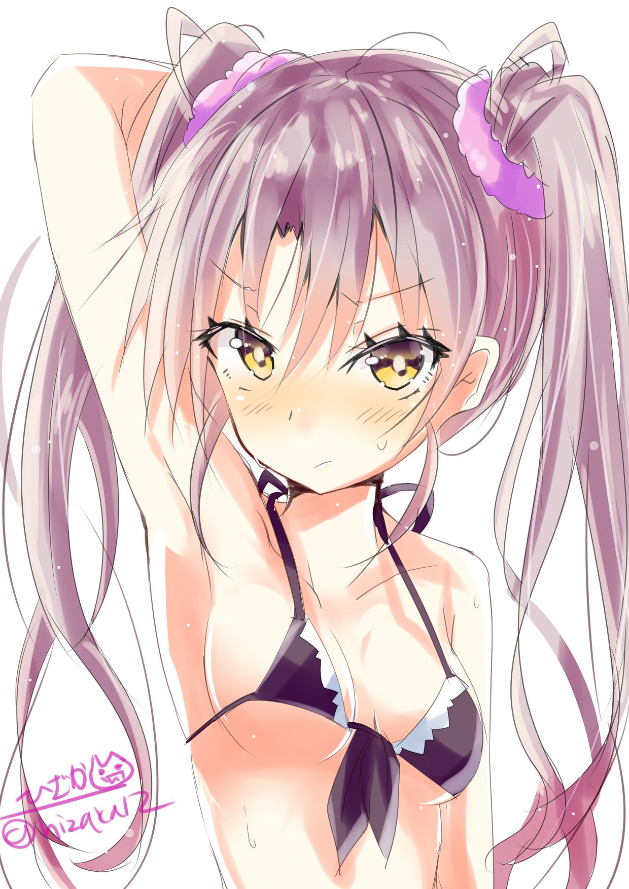 1girl alternate_hair_color bikini black_bikini blush breasts closed_mouth eyebrows_visible_through_hair hair_between_eyes highres hizaka kantai_collection long_hair looking_at_viewer purple_hair simple_background small_breasts solo swimsuit twintails twitter_username white_background yellow_eyes zuikaku_(kantai_collection)