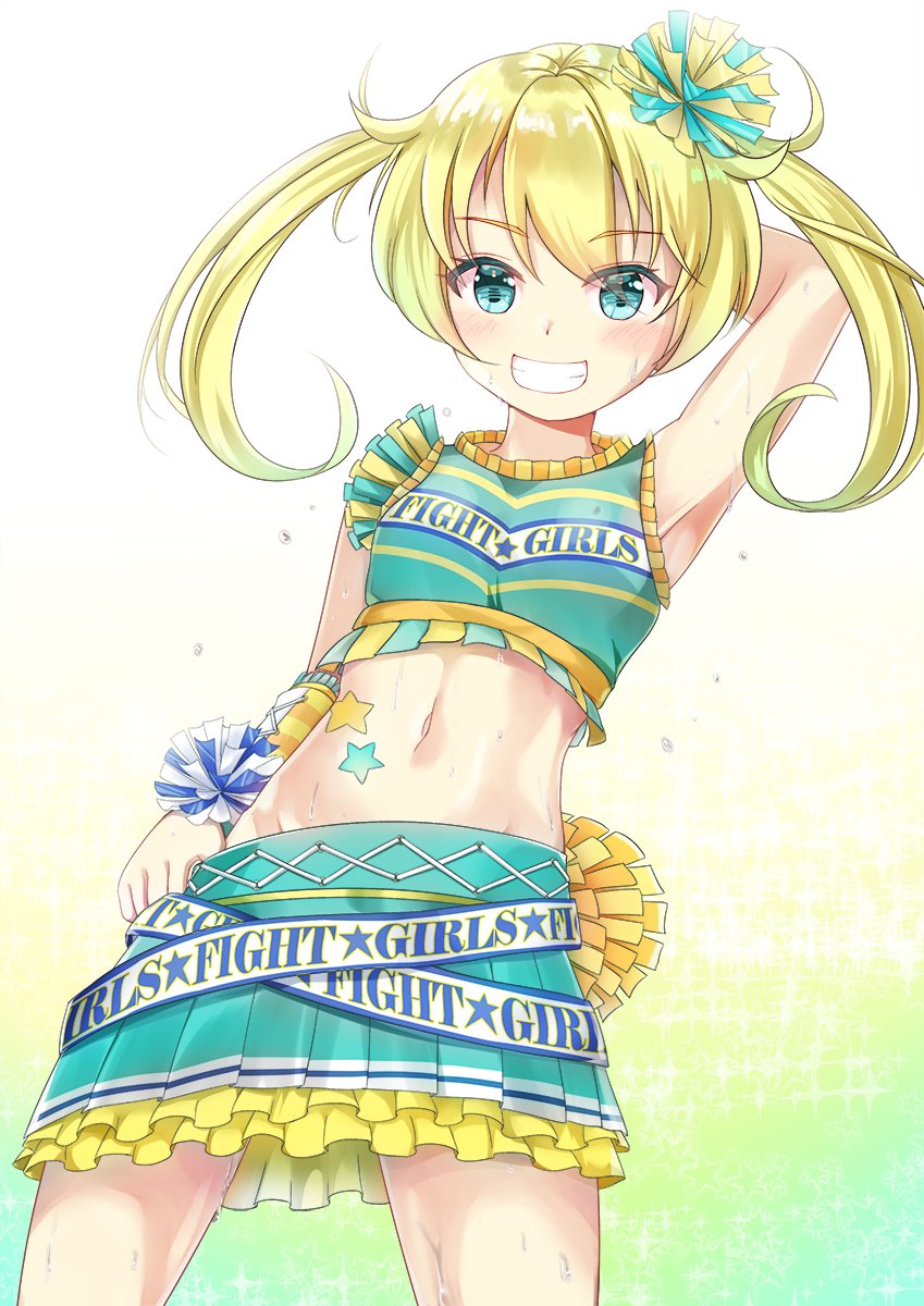 1girl aqua_eyes aqua_skirt arm_behind_head arm_up armpits bare_shoulders blonde_hair blue_eyes blush breasts cheerleader cowboy_shot crop_top english eyebrows_visible_through_hair gradient_hair green_hair grin hair_ornament highres idol kiratto_pri_chan long_hair midriff moegi_emo multicolored_hair navel niiya pleated_skirt ribbon skirt small_breasts smile solo sparkle star sweat twintails yellow_frills