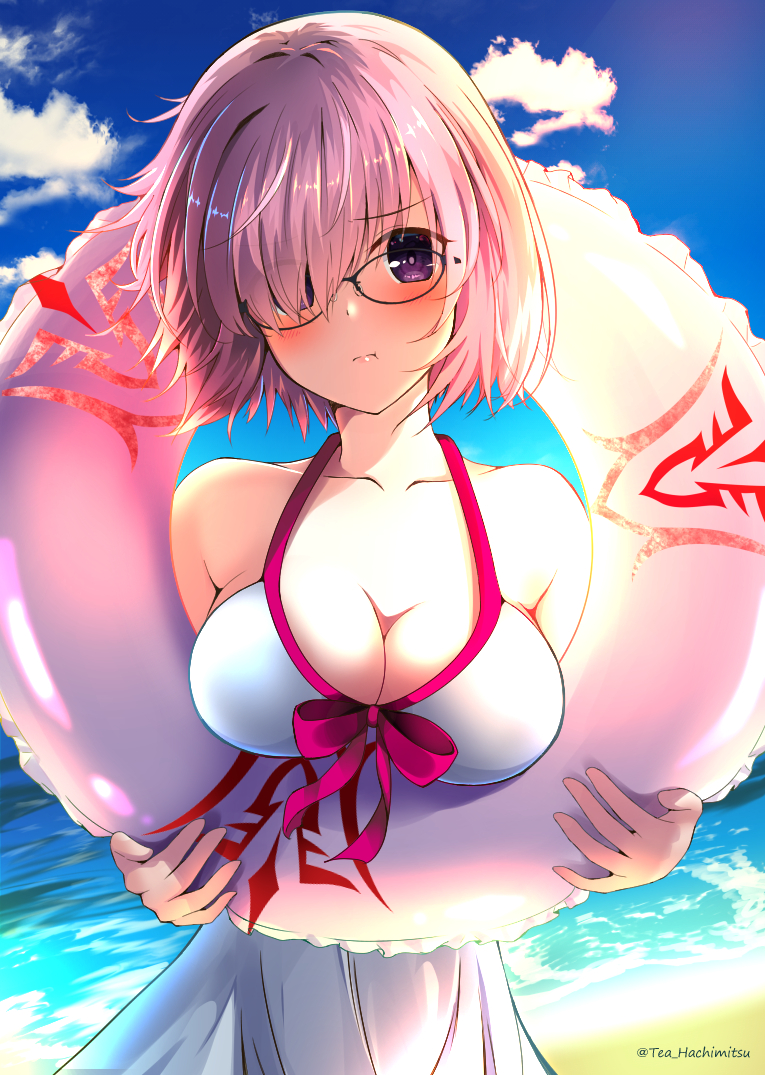 1girl amagami_(makise_tsubaki) beach blush board_game breasts cleavage collarbone command_spell fate/grand_order fate_(series) glasses go innertube lavender_hair mash_kyrielight one-piece_swimsuit pink_hair pout ribbon shielder_(fate/grand_order) swimsuit violet_eyes white_swimsuit