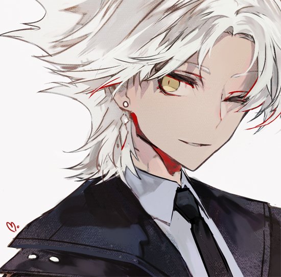1boy amakusa_shirou_(fate) bangs black_coat black_neckwear coat collared_shirt commentary_request earrings fate/apocrypha fate_(series) heart jewelry looking_at_viewer male_focus mo_(mocopo) necktie one_eye_closed parted_bangs shirt simple_background smile solo white_background white_hair white_shirt wing_collar yellow_eyes