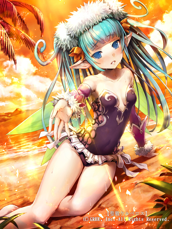 1girl arm_support bangs barefoot black_swimsuit blue_eyes blue_hair blunt_bangs breasts casual_one-piece_swimsuit cleavage covered_navel day detached_sleeves eyebrows_visible_through_hair gabiran hair_ornament long_hair looking_at_viewer ocean official_art one-piece_swimsuit orange_sky outdoors outstretched_arm parted_lips pointy_ears seisen_cerberus shiny shiny_hair sky small_breasts solo strapless strapless_swimsuit sweatdrop swimsuit twintails
