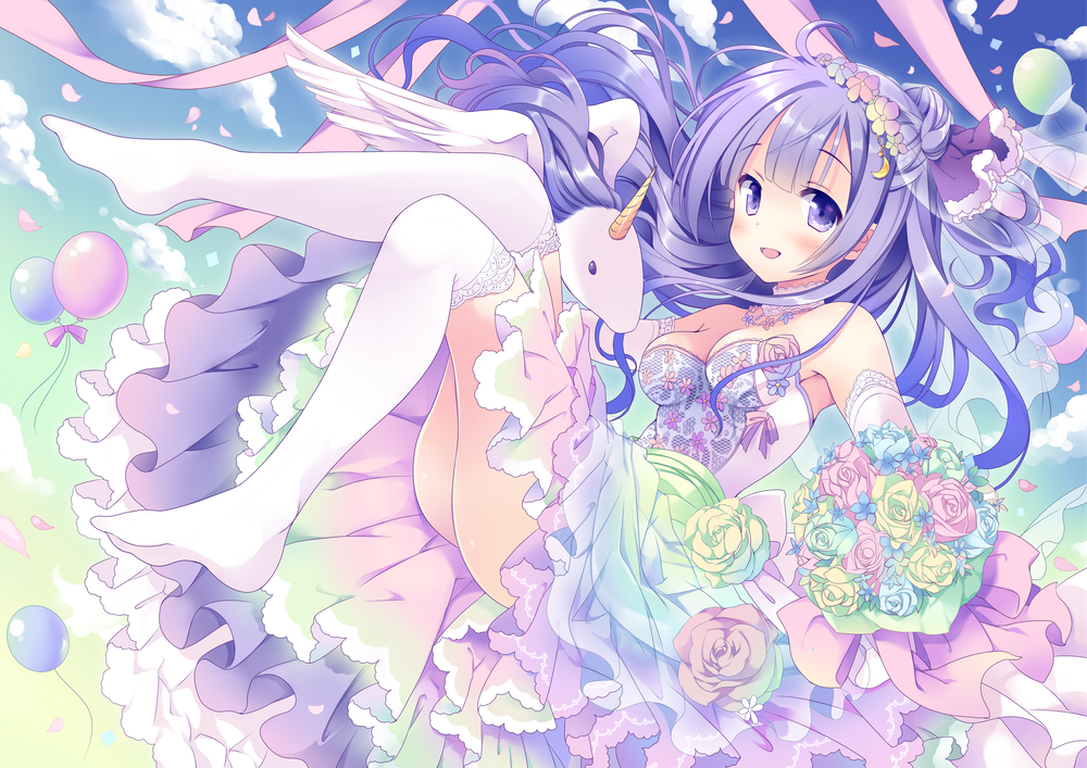 1girl :d alicorn animal azur_lane balloon bangs bare_shoulders blue_flower blue_rose blue_sky blush bouquet breasts cleavage clouds commentary_request day dress elbow_gloves eyebrows_visible_through_hair flower full_body gloves gradient_sky green_flower green_rose green_sky hair_bun holding holding_bouquet hoshino_koucha long_hair medium_breasts no_shoes open_mouth outdoors over-kneehighs pink_flower pink_rose purple_hair rose sky smile solo strapless strapless_dress thigh-highs thighs unicorn_(azur_lane) very_long_hair violet_eyes white_dress white_gloves white_legwear