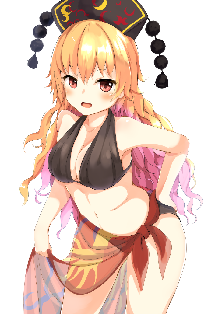 1girl :o adapted_costume bikini black_bikini bluekalmia blush breasts cleavage collarbone cowboy_shot curly_hair hair_between_eyes hand_on_own_ass hat junko_(touhou) leaning_forward lifted_by_self long_hair looking_at_viewer medium_breasts multicolored_hair navel orange_hair pom_pom_(clothes) purple_hair red_eyes see-through side-tie_skirt simple_background skirt_hold solo swimsuit touhou very_long_hair white_background