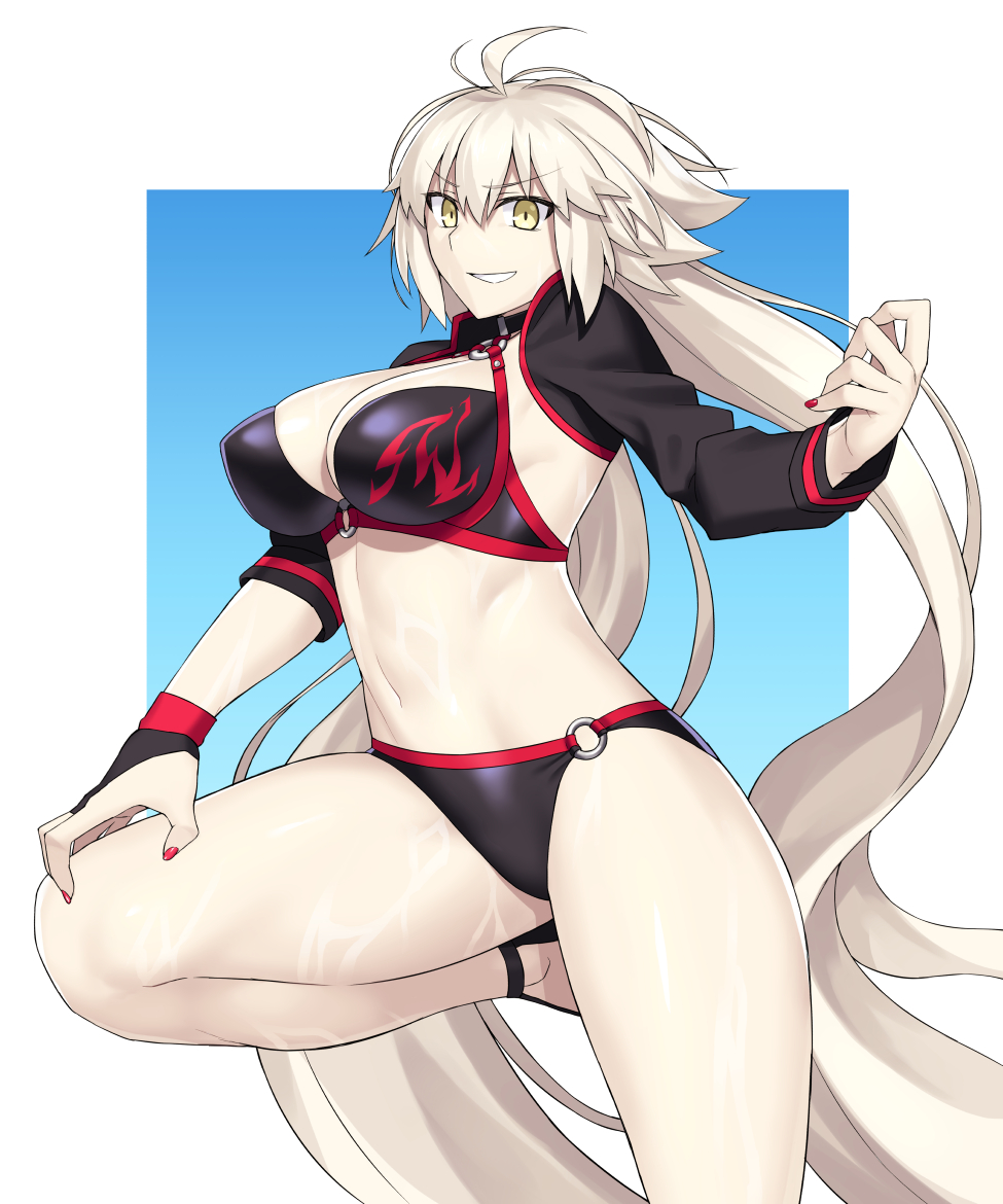 1girl ahoge bangs bikini black_bikini black_jacket blue_background bnc_(bunshi) border breasts choker cleavage collarbone cropped_jacket fate/grand_order fate_(series) gradient gradient_background grin hair_between_eyes hips jacket jeanne_d'arc_(alter_swimsuit_berserker) jeanne_d'arc_(fate)_(all) large_breasts leg_up long_hair looking_at_viewer nail_polish navel o-ring o-ring_bikini red_nails silver_hair smile solo swimsuit thighs very_long_hair waist white_border yellow_eyes