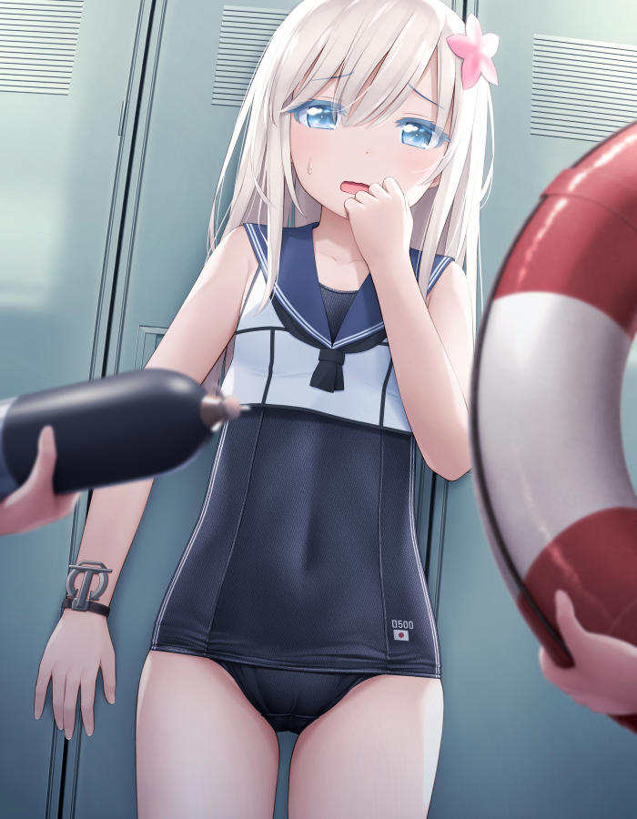 black_swimsuit blue_eyes collarbone commentary_request cosplay covered_navel crop_top eyebrows_visible_through_hair eyes_visible_through_hair flower hair_flower hair_ornament hand_to_own_mouth haribote_(tarao) innertube kantai_collection locker locker_room long_hair looking_at_viewer one-piece_swimsuit open_mouth ro-500_(kantai_collection) ro-500_(kantai_collection)_(cosplay) sailor_collar school_swimsuit solo_focus sweatdrop swimsuit swimsuit_under_clothes u-511_(kantai_collection) white_hair