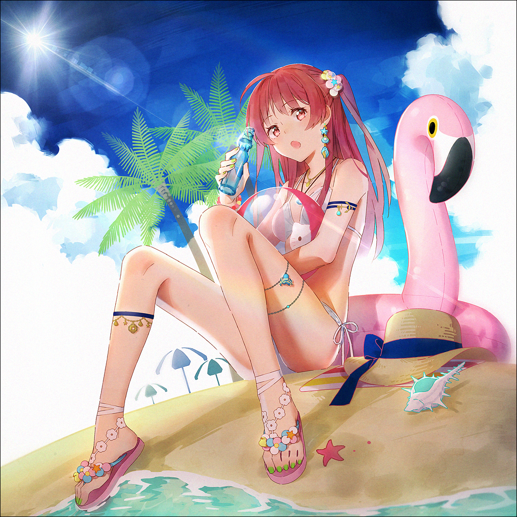 1girl ahoge armlet bangs beach bikini bird blue_sky breasts cleavage day earrings eyebrows_visible_through_hair flamingo full_body hakusai_(tiahszld) hat hat_removed headwear_removed innertube jewelry looking_at_viewer ocean one_side_up open_mouth original outdoors palm_tree red_eyes redhead sandals seashell shell side-tie_bikini side_ponytail sitting sky starfish sun sunlight swimsuit tree white_bikini