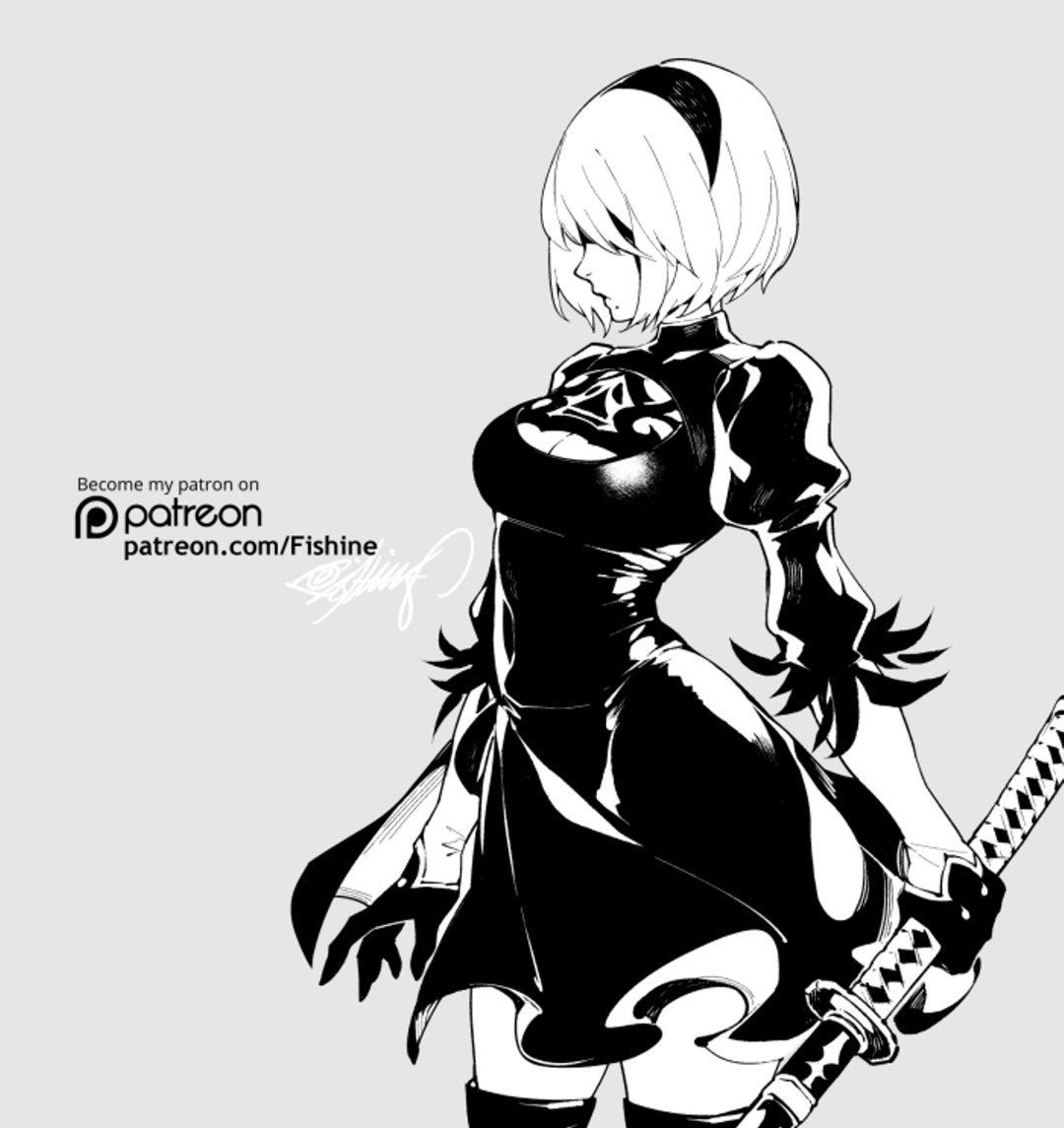 1girl blindfold boots breasts cleavage cleavage_cutout covered_navel feather-trimmed_sleeves fishine gloves greyscale hairband holding holding_sword holding_weapon katana long_sleeves medium_breasts mole mole_under_mouth monochrome nier_(series) nier_automata patreon_username short_hair slender_waist solo sword thigh-highs thigh_boots weapon yorha_no._2_type_b
