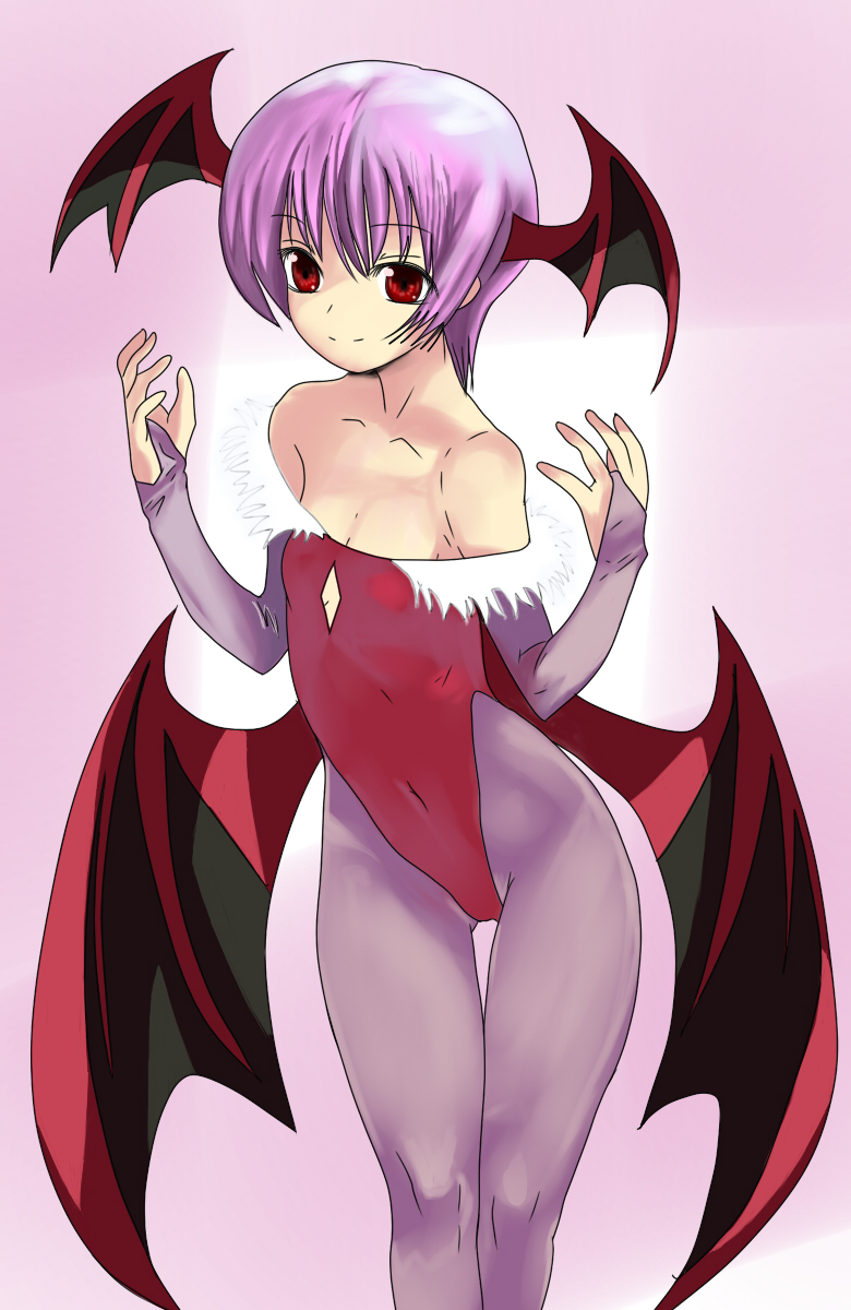 1girl arched_back bangs bare_shoulders bat_wings black_wings bob_cut breasts bridal_gauntlets calpi cleavage cleavage_cutout closed_mouth collarbone commentary_request covered_navel demon_girl demon_wings eyebrows_visible_through_hair feather_trim feet_out_of_frame gluteal_fold hands_up head_wings highleg highleg_leotard highres leotard light_smile lilith_aensland looking_at_viewer pantyhose purple_background purple_hair purple_legwear red_eyes red_leotard short_hair simple_background sketch_eyebrows skinny small_breasts solo standing strapless strapless_leotard succubus thigh_gap vampire_(game) very_short_hair wide_hips wings