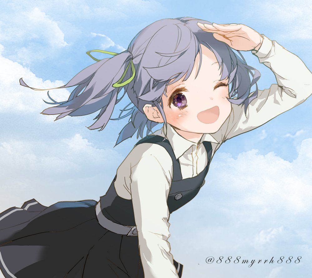 1girl 888myrrh888 ;d blue_hair dress green_ribbon grey_belt hair_ribbon kantai_collection long_sleeves looking_at_viewer one_eye_closed ooshio_(kantai_collection) open_mouth pinafore_dress remodel_(kantai_collection) ribbon salute school_uniform shirt short_twintails sleeveless sleeveless_dress smile solo twintails twitter_username upper_body violet_eyes white_shirt