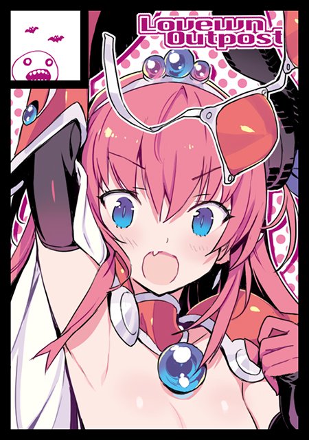 1girl armpits bikini_removed black_border blade_(galaxist) blue_eyes blush border breasts circle_cut commentary_request crown elbow_gloves elizabeth_bathory_(brave)_(fate) elizabeth_bathory_(fate)_(all) eyebrows_visible_through_hair fang fate/grand_order fate_(series) gloves gradient_eyes hand_up long_hair looking_at_viewer maid_bikini multicolored multicolored_eyes pink_background slit_pupils small_breasts solo violet_eyes wardrobe_malfunction