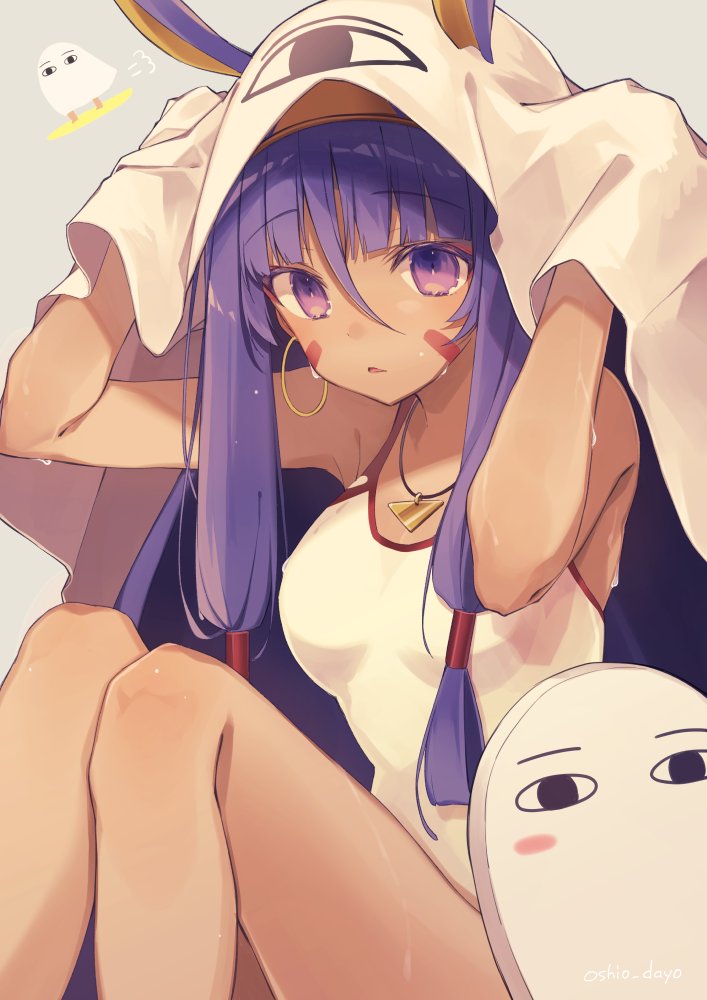 &lt;o&gt;_&lt;o&gt; 1girl bare_legs bare_shoulders blanket blush breasts commentary_request competition_swimsuit eyebrows_visible_through_hair fate/grand_order fate_(series) grey_background hair_between_eyes hair_tubes hands_up jewelry legs_up long_hair medium_breasts medjed necklace nitocris_(fate/grand_order) one-piece_swimsuit oshio_(dayo) parted_lips purple_hair simple_background solo swimsuit violet_eyes wet white_swimsuit