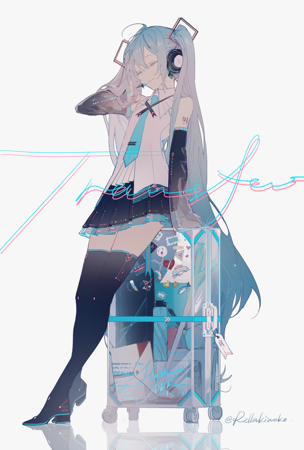 1girl alcohol bangs blue_hair blue_neckwear bottle character_name closed_eyes commentary cup detached_sleeves drinking_glass eyelashes fish food full_body glass happy hatsune_miku hatsune_miku_(vocaloid3) head_tilt headset heart ice_cream letter light_smile long_hair microphone necktie rainbow reflection rella rolling_suitcase see-through shirt sitting skirt sleeveless sleeveless_shirt solo standing sticker suitcase symbol_commentary thigh-highs thighs twintails twitter_username very_long_hair vocaloid white_shirt wine wine_bottle wine_glass