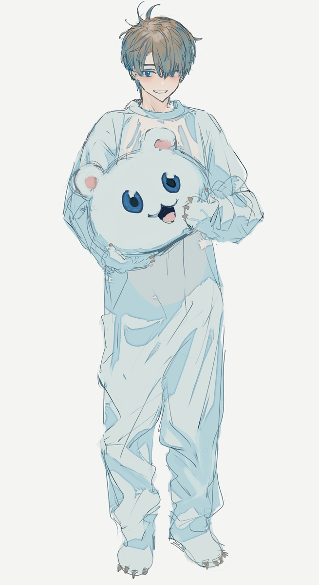 1boy animal_costume blonde_hair blue_eyes commentary_request full_body gloves grey_background highres hirota_tsuu holding looking_at_viewer original paw_gloves paws simple_background sketch smile solo standing