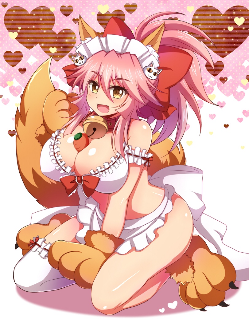 1girl afuro animal_ears apron asymmetrical_legwear bell bell_collar between_breasts breasts carrot cat_hair_ornament cat_paws collar fangs fate/grand_order fate_(series) fox_ears fox_tail gloves hair_ornament hair_ribbon heart jingle_bell long_hair looking_at_viewer maid_headdress open_mouth paw_gloves paw_shoes paws pink_hair red_ribbon ribbon sexually_suggestive shoes solo tail tamamo_(fate)_(all) tamamo_cat_(fate) white_legwear yellow_eyes