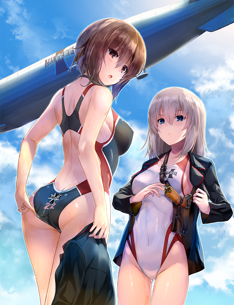 2girls adjusting_clothes adjusting_swimsuit aircraft alternate_costume ass ass_visible_through_thighs blue_eyes blue_sky blush brown_eyes brown_hair butt_crack clouds competition_swimsuit covered_navel dirigible emblem eyebrows_visible_through_hair from_below girls_und_panzer grey_hair gun hair_between_eyes handgun holding holding_jacket holster itsumi_erika jacket kiryuu_takahisa kuromorimine_(emblem) kuromorimine_school_uniform long_hair looking_at_viewer multiple_girls nishizumi_maho one-piece_swimsuit open_mouth pistol shoulder_blades shoulder_holster sky swimsuit swimsuit_under_clothes thighs weapon weapon_request zeppelin