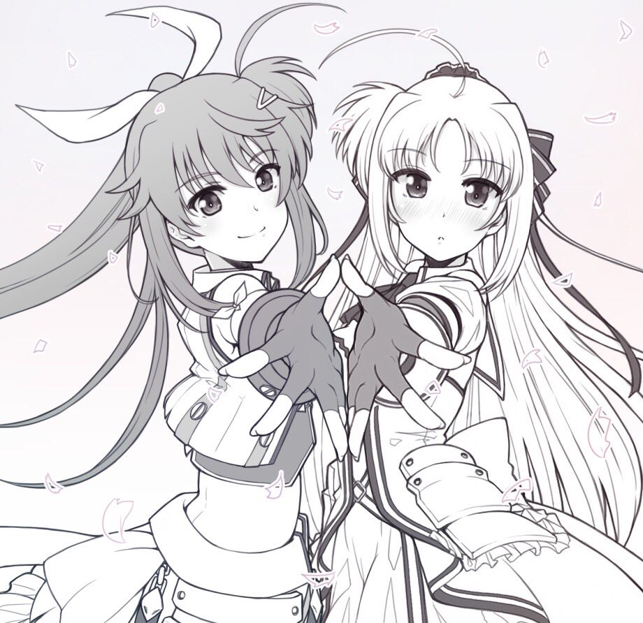 2girls :o ahoge armor bangs blush bow closed_mouth commentary crop_top dress eyebrows_visible_through_hair fingerless_gloves foreshortening from_side fuuka_reventon gloves greyscale hair_bow hair_ornament hair_ribbon hairclip jacket long_hair long_sleeves looking_at_viewer lyrical_nanoha magical_girl monochrome multiple_girls overskirt parted_lips petag2 petals ponytail pose ribbon rinne_berlinetta shirt short_sleeves smile standing symmetrical_hand_pose symmetry upper_body vivid_strike!