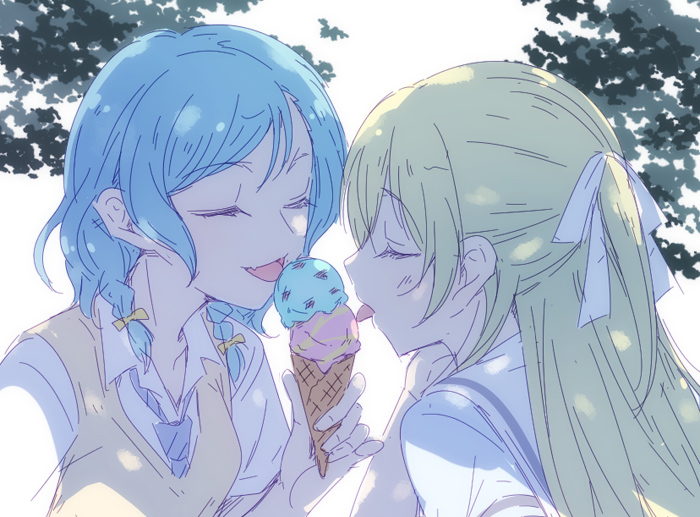 2girls aqua_hair bang_dream! bangs blonde_hair bow closed_eyes double_scoop e20 eyebrows_visible_through_hair food hair_bow hair_ribbon half_updo hanasakigawa_school_uniform haneoka_school_uniform hikawa_hina holding holding_food ice_cream ice_cream_cone licking long_hair medium_hair multiple_girls necktie open_mouth ribbon school_uniform serafuku shared_food shirasagi_chisato short_sleeves side_braids sketch sweater_vest tongue tongue_out upper_body white_ribbon yellow_bow