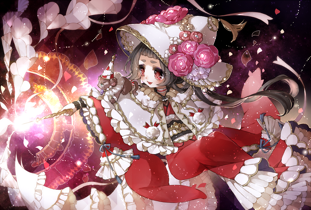 1girl black_hair capelet chino_machiko choker copyright_request flower hat hat_flower holding holding_wand japanese_clothes kimono long_sleeves magical_girl monkey obi pink_flower pink_rose red_eyes red_kimono rose sash smile solo wand white_capelet white_hat