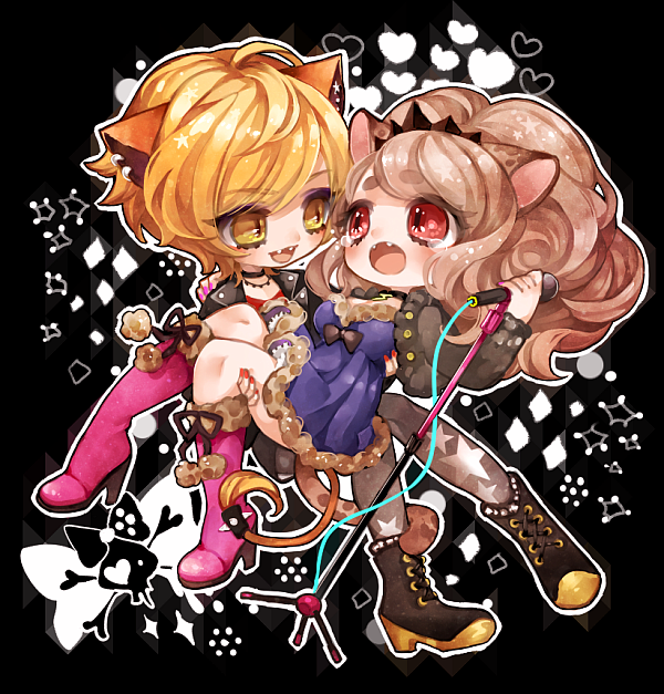 2girls animal_ears big_hair black_background black_choker black_jacket blonde_hair blush boots brown_hair carrying chibi chino_machiko choker copyright_request dress eye_contact fangs grey_legwear high_heel_boots high_heels holding holding_microphone jacket jewelry lion_ears lion_tail looking_at_another microphone microphone_stand multiple_girls necklace outline pantyhose pigeon-toed pink_footwear ponytail princess_carry purple_dress red_eyes short_sleeves slit_pupils smile tail white_outline yellow_eyes yuri