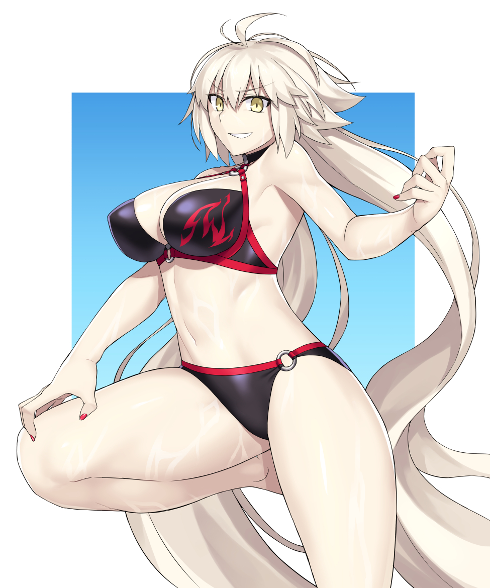 1girl ahoge bangs bikini black_bikini blue_background bnc_(bunshi) border breasts choker cleavage collarbone fate/grand_order fate_(series) gradient gradient_background grin hair_between_eyes hips jeanne_d'arc_(alter_swimsuit_berserker) jeanne_d'arc_(fate)_(all) large_breasts leg_up long_hair looking_at_viewer nail_polish navel o-ring o-ring_bikini red_nails silver_hair smile solo swimsuit thighs very_long_hair waist white_border yellow_eyes