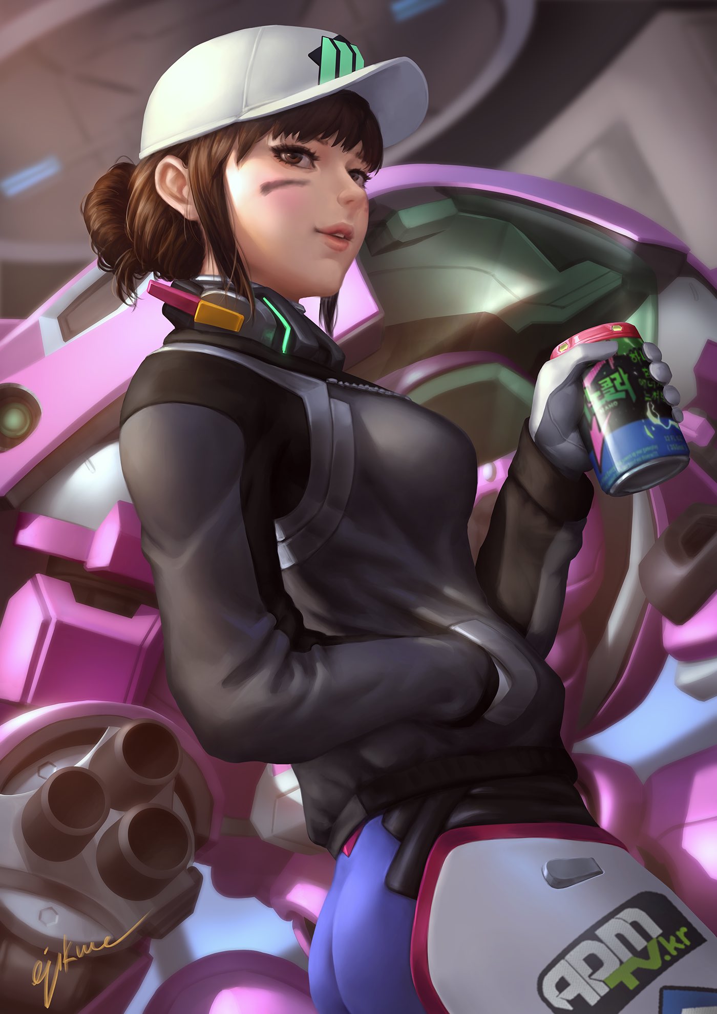 1girl alternate_hairstyle ass blue_bodysuit bodysuit breasts brown_eyes brown_hair can clothes_writing commentary d.va_(overwatch) dirty_face ejikure gloves hair_bun hand_in_pocket hat headphones headphones_around_neck highres jacket mecha medium_breasts overwatch parted_lips shooting_star_d.va signature soda_can solo