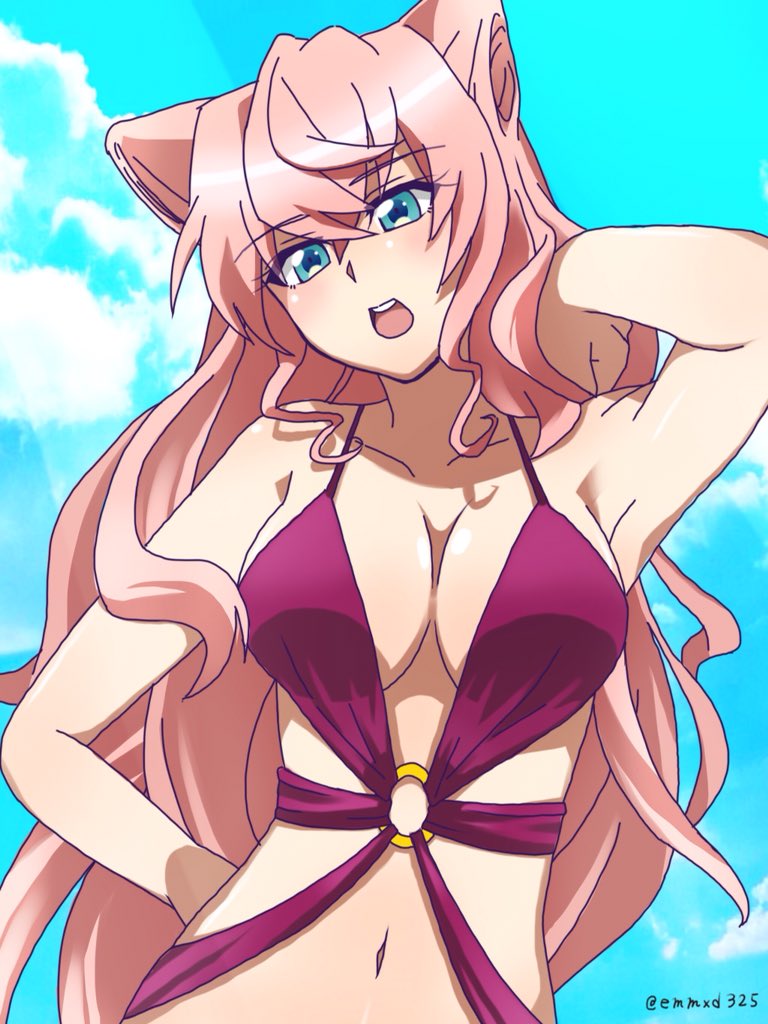 1girl aqua_eyes armpits breasts cleavage emmxd325 hair_tousle large_breasts long_hair looking_at_viewer maria_cadenzavna_eve navel o-ring o-ring_swimsuit open_mouth pink_hair purple_swimsuit senki_zesshou_symphogear solo swimsuit twitter_username