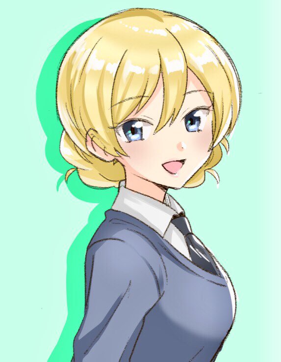 1girl bangs black_neckwear blonde_hair blue_eyes blue_sweater braid commentary darjeeling dress_shirt eyebrows_visible_through_hair from_side girls_und_panzer green_background kakuzatou_(boxxxsugar) looking_at_viewer necktie open_mouth school_uniform shirt short_hair silhouette simple_background smile solo st._gloriana's_school_uniform sweater tied_hair twin_braids upper_body v-neck white_shirt wing_collar