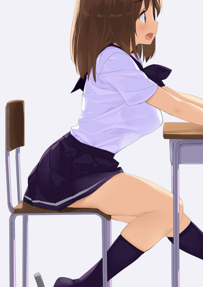 1girl bangs black_legwear blue_skirt blush breasts brown_hair chair commentary_request desk from_side kaisen_chuui kneehighs large_breasts long_hair neckerchief open_mouth original pleated_skirt sailor_collar school_desk school_uniform see-through_silhouette serafuku shirt short_sleeves sitting skirt solo white_shirt