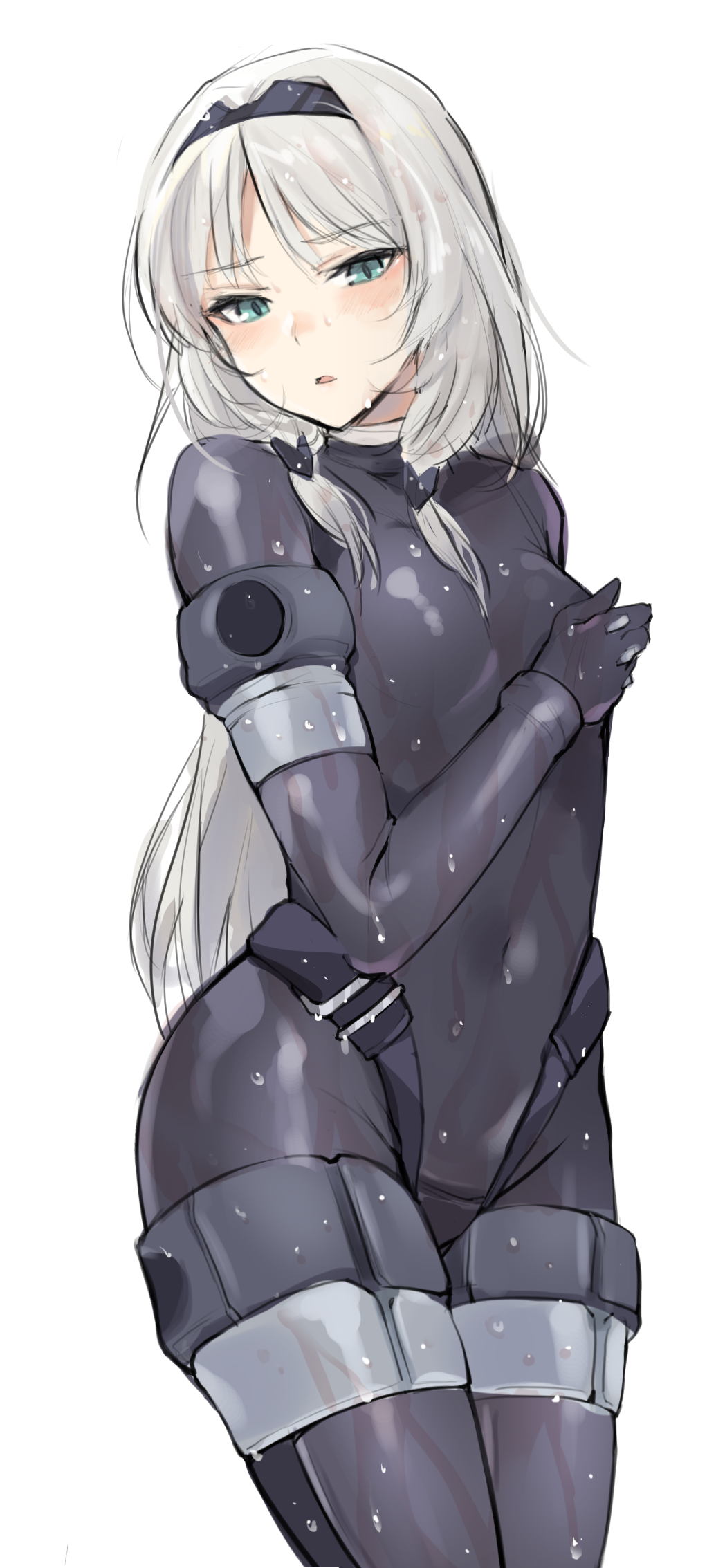 1girl an-94_(girls_frontline) bangs blue_eyes blush bodysuit breasts contrapposto covered_navel cowboy_shot diving_suit eyebrows_visible_through_hair girls_frontline hair_ornament hairband hand_on_own_chest head_tilt highres jingo long_hair looking_at_viewer medium_breasts open_mouth silver_hair simple_background solo standing wet wet_clothes wet_hair wetsuit white_background