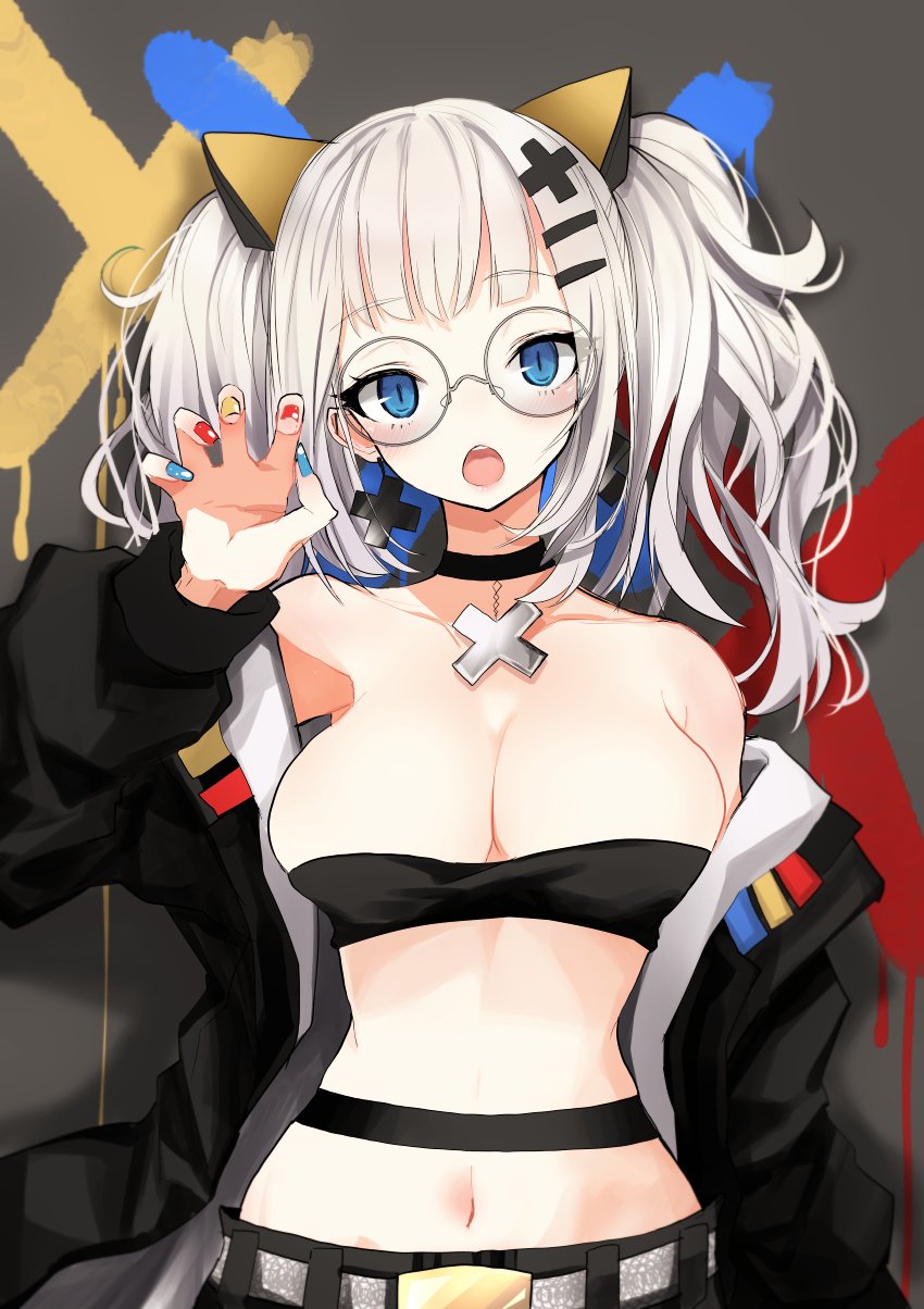 1girl bespectacled blue_eyes breasts claw_pose cleavage glasses hair_ornament hairclip highres kaguya_luna kaguya_luna_(character) looking_at_viewer nail_polish naruwe navel open_mouth ribbon silver_hair twintails virtual_youtuber wrist_ribbon