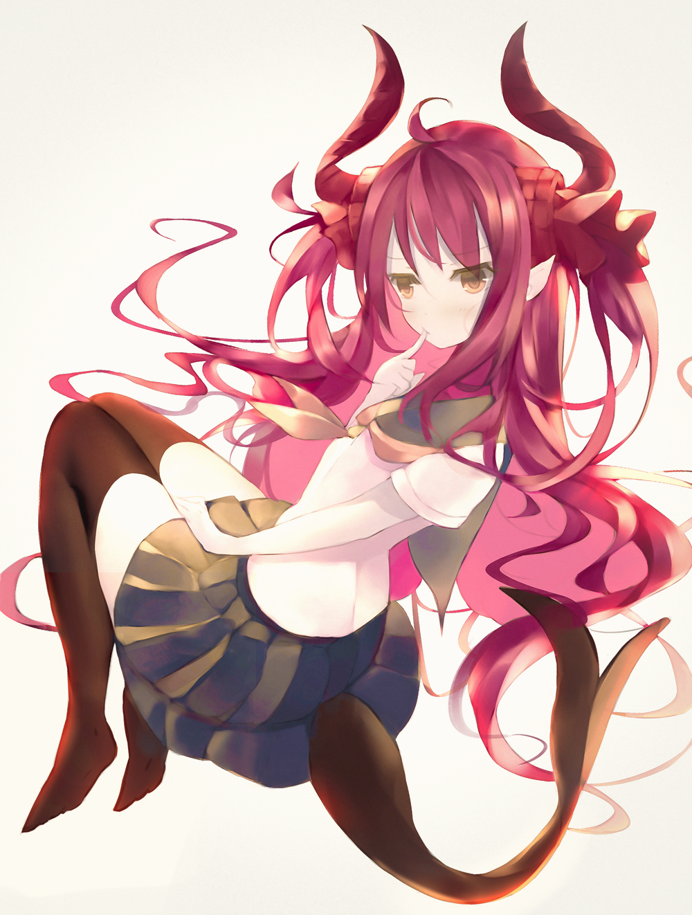 1girl bangs black_legwear blush commentary_request curled_horns dragon_girl dragon_horns dragon_tail elizabeth_bathory_(fate) elizabeth_bathory_(fate)_(all) eyebrows_visible_through_hair fate/extra fate/extra_ccc fate_(series) finger_to_mouth full_body grey_sailor_collar grey_skirt hair_ribbon highres horns long_hair no_shoes pleated_skirt red_ribbon redhead ribbon sailor_collar school_uniform senya_fuurin serafuku shirt skirt solo tail thigh-highs two_side_up very_long_hair white_shirt