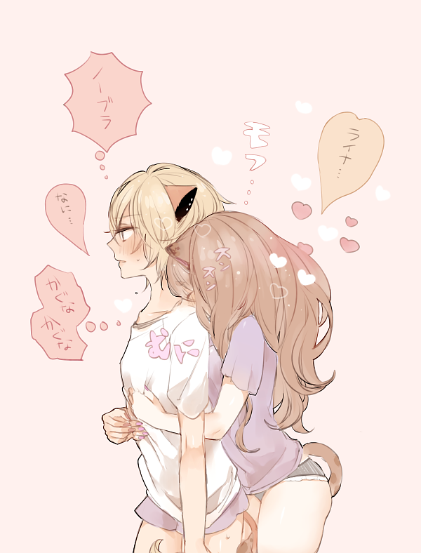 2girls animal_ears big_hair blonde_hair boyshorts breasts chino_machiko copyright_request cowboy_shot from_side grey_background groping heart hug hug_from_behind light_brown_hair lion_ears lion_tail multiple_girls panties parted_lips pink_panties profile purple_shirt shirt short_sleeves simple_background small_breasts standing sweatdrop tail underwear white_shirt yuri