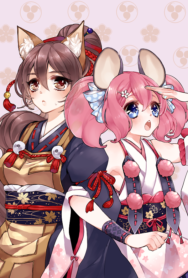 2girls :&lt; :o bare_shoulders blue_nails brown_eyes brown_hair chino_machiko closed_mouth copyright_request detached_sleeves fingernails hair_between_eyes hand_up japanese_clothes kimono locked_arms long_sleeves looking_at_viewer multiple_girls nail_polish obi open_mouth pink_hair ponytail purple_hair round_teeth sash short_sleeves sweatdrop tassel teeth wide_sleeves