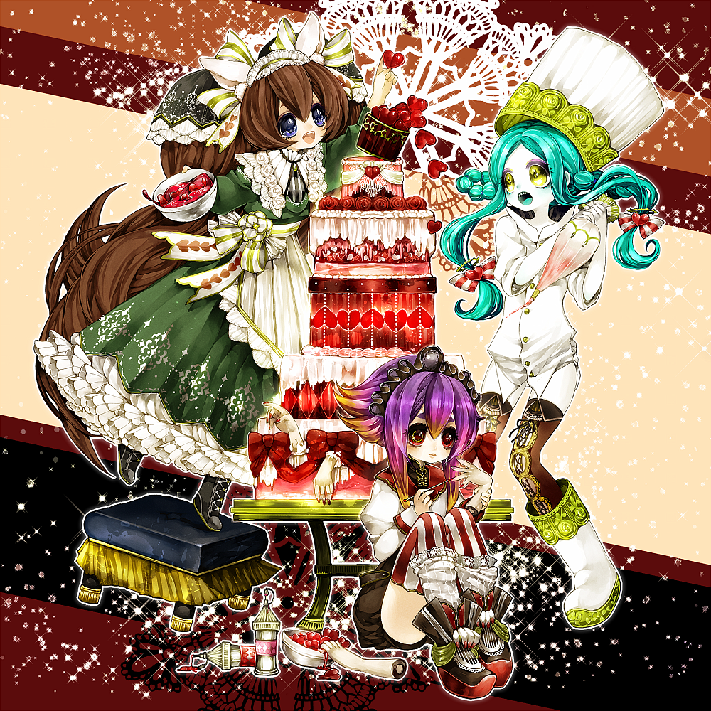 3girls :d apron blue_hair boots bow bowl braid brown_hair brown_legwear cake chef_hat chino_machiko commentary_request dress food gradient_hair green_dress hair_ornament hair_ribbon hairband hat heart heart_hair_ornament holding legs_together long_hair maid_apron maid_headdress multicolored_hair multiple_girls nail_polish open_mouth original painting_nails pantyhose pastry_bag platform_footwear purple_hair red_bow red_eyes red_legwear ribbon short_sleeves shorts sitting smile standing stool thigh-highs very_long_hair violet_eyes white_apron white_shorts yellow_eyes