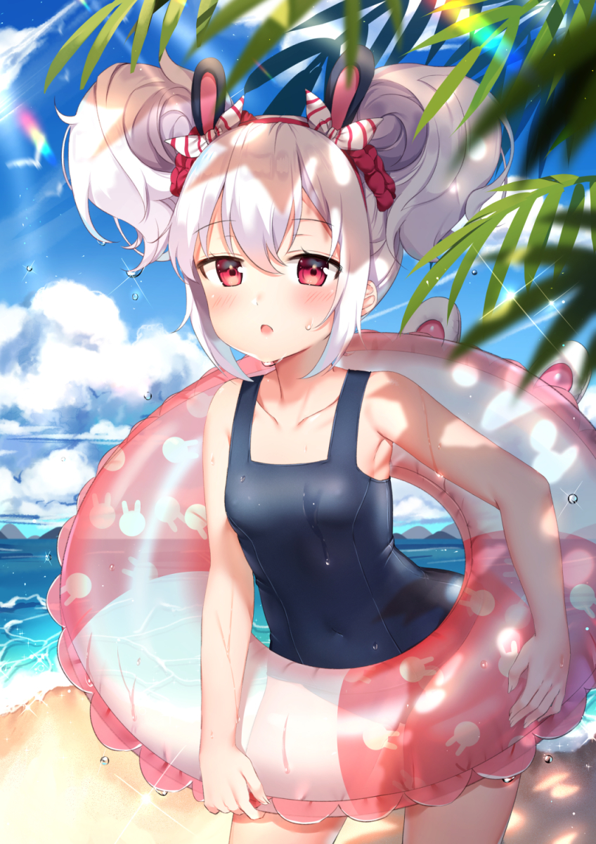 1girl animal_ears animal_print azur_lane bangs beach blue_sky blurry blush bunny_print clouds collarbone contrapposto covered_navel cowboy_shot dappled_sunlight day depth_of_field eyebrows_visible_through_hair fake_animal_ears flat_chest hair_ornament hair_scrunchie hairband highres horizon innertube laffey_(azur_lane) leaning_forward looking_at_viewer mamemena ocean open_mouth outdoors pink_eyes rabbit_ears school_swimsuit scrunchie short_hair short_twintails sky solo sparkle standing sunlight swimsuit twintails water water_drop wet white_hair