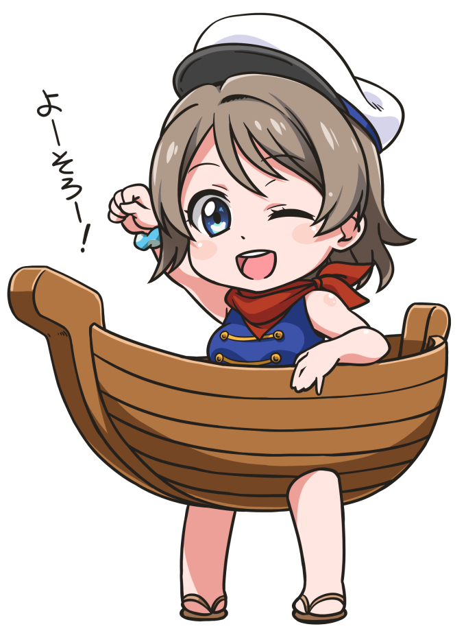 1girl arm_up bangle blue_eyes boat bracelet chibi grey_hair hat jewelry love_live! love_live!_sunshine!! one_eye_closed open_mouth sailor_hat sandals short_hair sleeveless smile solo watanabe_you watercraft white_background youkan