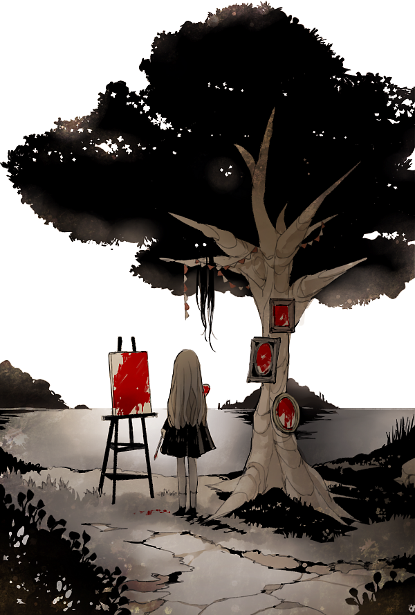 1girl black_dress black_footwear blonde_hair blood blood_splatter canvas_(object) chino_machiko dress facing_away from_behind holding horror_(theme) lake limited_palette long_hair original outdoors paintbrush painting_(object) palette portrait_(object) shoes socks solo standing tree