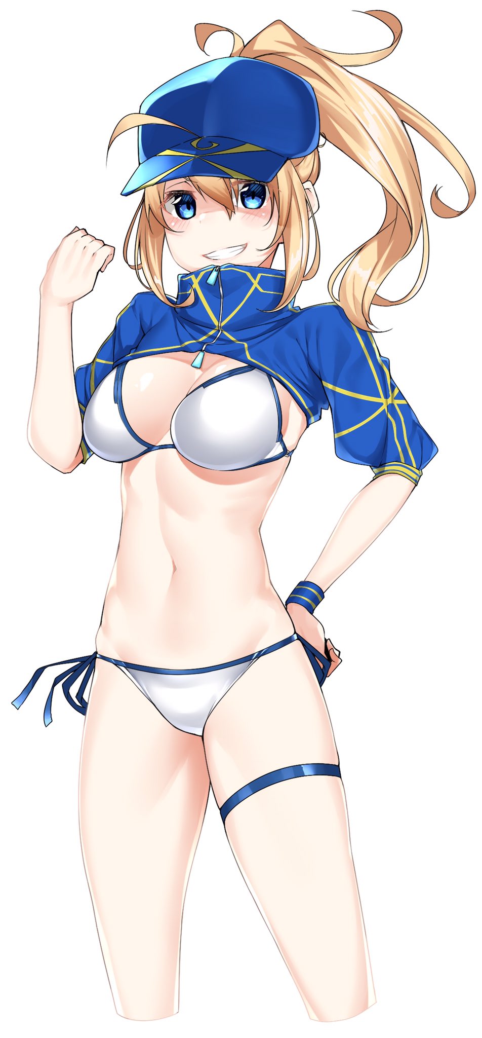 1girl ahoge artoria_pendragon_(all) baseball_cap bikini blonde_hair blue_eyes blush breasts clenched_hand commentary_request fate/grand_order fate_(series) hand_on_hip hat highres jacket long_hair medium_breasts mysterious_heroine_xx_(foreigner) ponytail side-tie_bikini smile solo swimsuit watosu white_background white_bikini