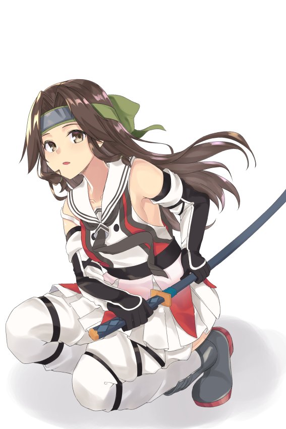 bare_shoulders black_neckwear brown_eyes brown_hair detached_sleeves elbow_gloves forehead_protector gloves green_ribbon hachimaki hair_intakes hair_ribbon half_updo headband holding holding_sword holding_weapon jintsuu_(kantai_collection) kantai_collection katana kneeling long_hair looking_at_viewer necktie open_mouth remodel_(kantai_collection) ribbon school_uniform serafuku sheath simple_background sword thigh-highs tiasis unsheathing weapon white_background white_legwear