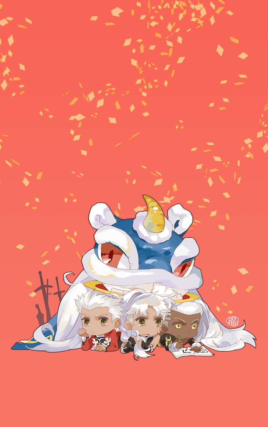 3boys alter_servant archer bare_shoulders book brown_eyes buzz_cut chibi corrupted dark_skin dark_skinned_male emiya_alter fate/grand_order fate/stay_night fate_(series) field_of_blades guttia highres lion_dance multiple_boys multiple_persona unlimited_blade_works white_hair writing yellow_eyes