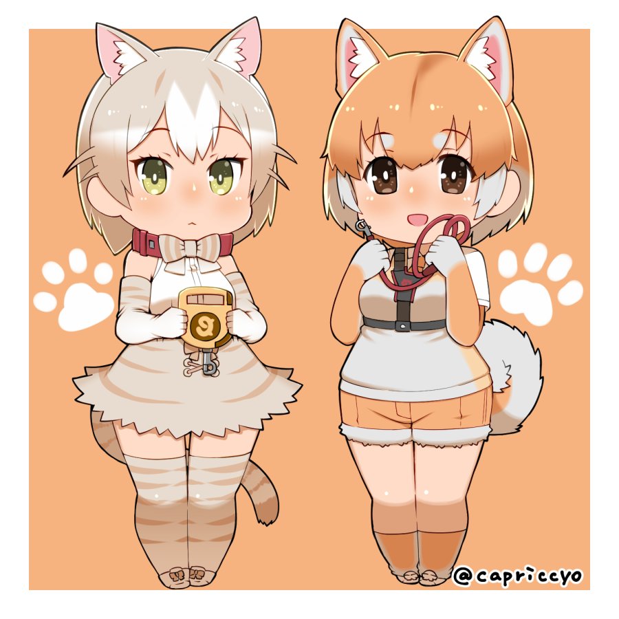 2girls :&lt; :d animal_ears bow bowtie brown_eyes capriccyo cat_(kemono_friends) cat_ears cat_tail chibi closed_eyes collar commentary_request dog_(kemono_friends) dog_ears extra_ears fur-trimmed_shorts green_eyes grey_hair kemono_friends leash looking_at_viewer multicolored_hair multiple_girls open_mouth orange_background orange_hair paw_print short_hair shorts simple_background smile tail thigh-highs twitter_username two-tone_hair white_hair