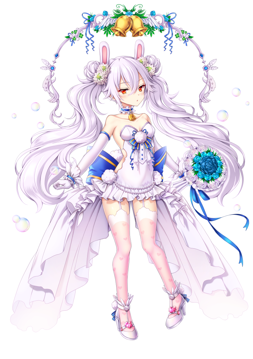 1girl :o animal_ears azur_lane back_bow bangs bare_shoulders bell blue_bow blue_flower blue_rose blush bouquet bow breasts collarbone commentary_request detached_sleeves double_bun dress eyebrows_visible_through_hair feathered_wings flower garter_straps gloves hair_between_eyes hair_flower hair_ornament heart high_heels holding holding_bouquet laffey_(azur_lane) large_bow long_hair long_sleeves looking_at_viewer medium_breasts parted_lips pink_legwear print_legwear rabbit_ears red_eyes rose shoes short_dress side_bun silver_hair simple_background solo strapless strapless_dress thigh-highs twintails uchuu_gorira very_long_hair white_background white_dress white_flower white_footwear white_gloves white_wings wings