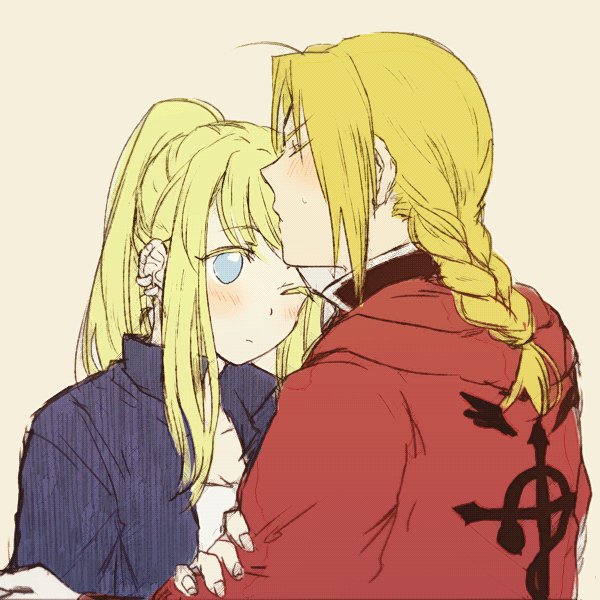 1boy 1girl ;| antenna_hair bangs blonde_hair blue_eyes blush braid close-up coat earrings edward_elric empty_eyes expressionless eyebrows_visible_through_hair eyelashes facing_away fingernails flamel_symbol forehead_kiss frown fullmetal_alchemist hand_on_another's_arm height_difference jewelry kiss looking_away nervous one_eye_closed pink_background ponytail red_coat shirt simple_background sweatdrop tsukuda0310 upper_body white_shirt winry_rockbell