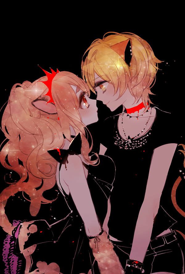 2girls animal_ears black_background black_dress black_shirt blonde_hair blush chino_machiko choker closed_mouth copyright_request dress eye_contact from_side hairband lion_ears lion_tail looking_at_another multiple_girls profile red_choker shirt short_shorts short_sleeves shorts simple_background smile tail wristband yellow_eyes yuri