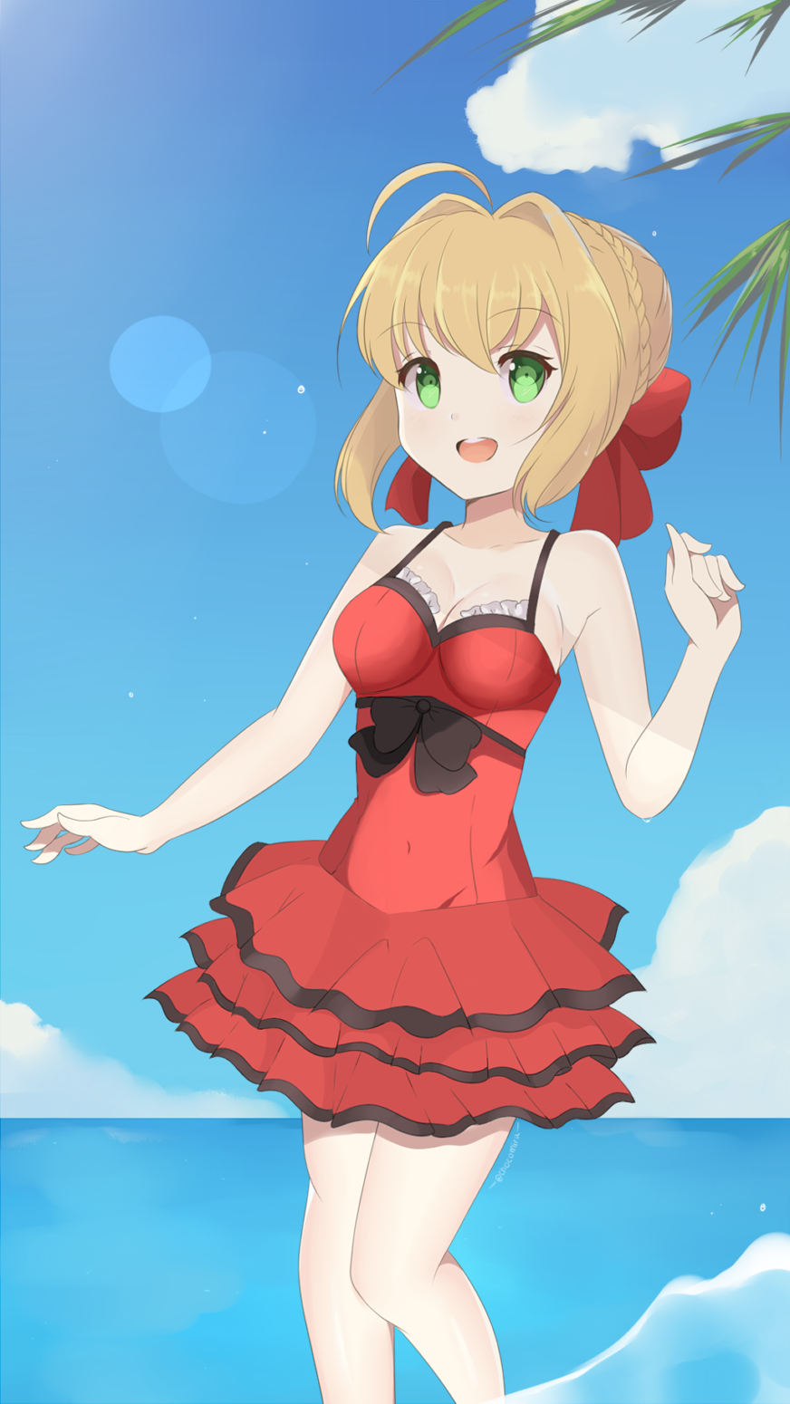 1girl :d ahoge artist_name bare_arms bare_shoulders blonde_hair blue_sky braid breasts chocomiru cleavage clouds commentary crown_braid day english_commentary eyebrows_visible_through_hair fate/grand_order fate_(series) green_eyes highres lens_flare looking_at_viewer medium_breasts nero_claudius_(fate) nero_claudius_(fate)_(all) one-piece_swimsuit open_mouth outdoors red_swimsuit sky smile solo swimsuit water