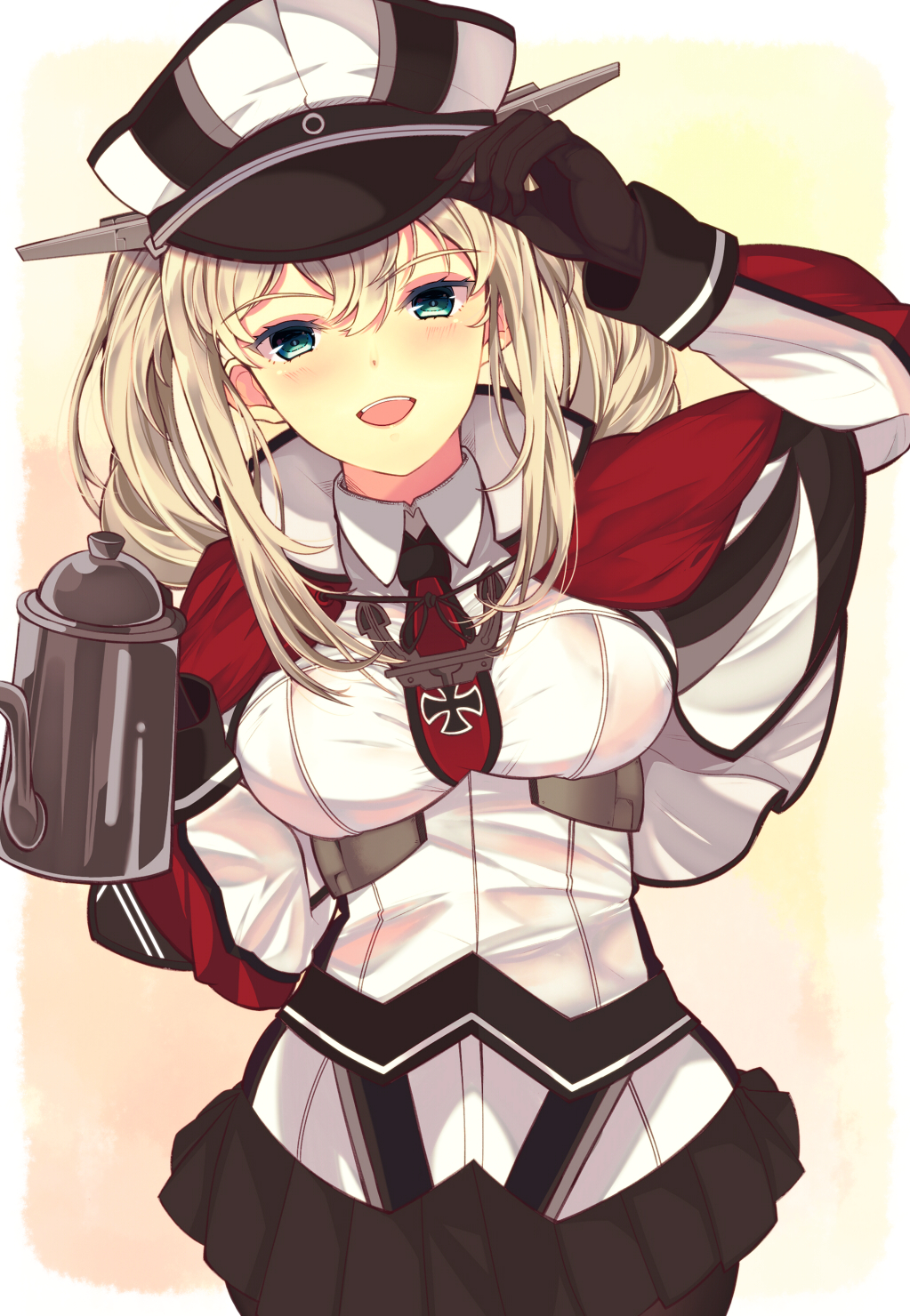 1girl anchor bangs black_gloves blonde_hair capelet coffee_pot commentary_request cross eyebrows_visible_through_hair gloves gradient gradient_background graf_zeppelin_(kantai_collection) green_eyes hair_between_eyes hat highres iron_cross kantai_collection long_hair long_sleeves looking_at_viewer military military_hat military_uniform miniskirt mizuyoukan_(mikususannda) necktie open_mouth pantyhose peaked_cap sidelocks skirt smile solo standing twintails uniform white_hat yellow_background