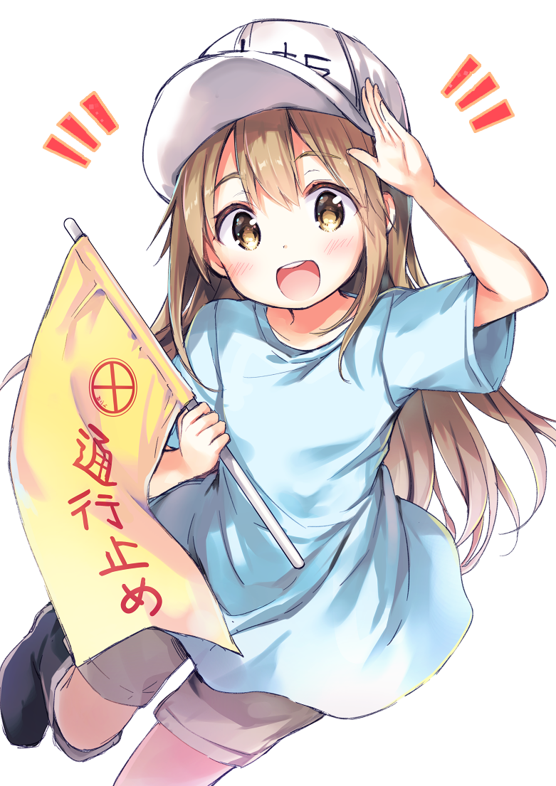 1girl :d arm_up bangs black_footwear blue_shirt blush boots brown_eyes brown_shorts character_name clothes_writing commentary_request eyebrows_visible_through_hair fingernails flag flat_cap hair_between_eyes hat hataraku_saibou hisama_kumako holding holding_flag knee_boots light_brown_hair long_hair notice_lines open_mouth platelet_(hataraku_saibou) round_teeth shirt short_shorts short_sleeves shorts simple_background smile solo teeth upper_teeth very_long_hair white_background white_hat