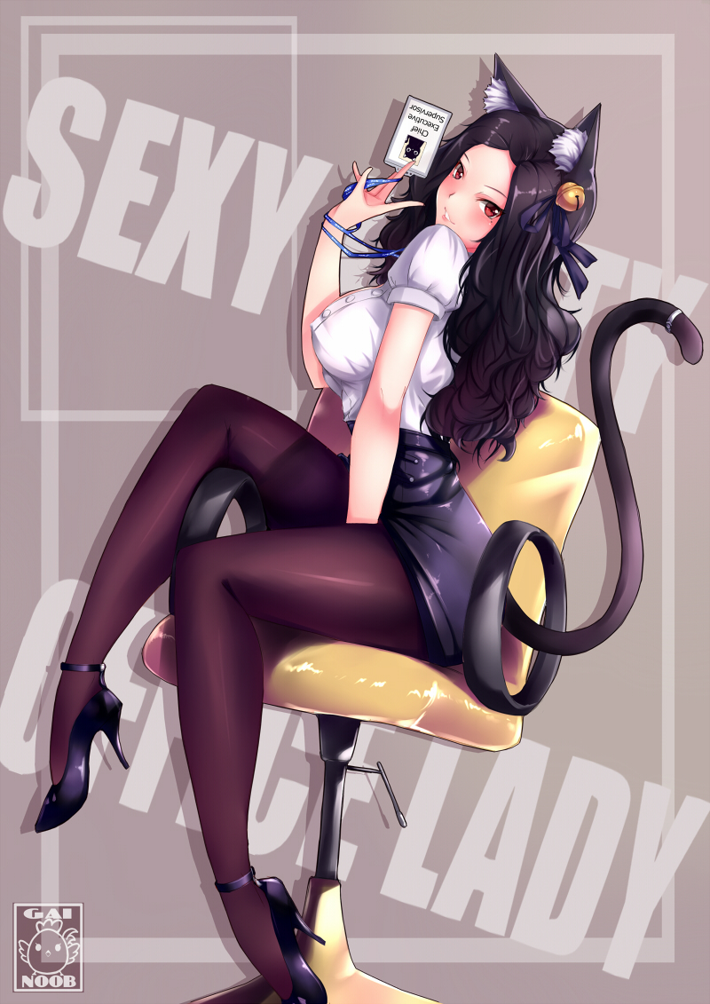 1girl animal_ears artist_logo artist_name bell between_legs black_footwear black_hair black_legwear black_skirt blade_&amp;_soul blouse blush breasts cat_ears cat_girl cat_tail chair chair_tipping commentary commission english english_commentary eyebrows formal full_body gainoob grey_background hair_bell hair_ornament hand_between_legs hand_up high-waist_skirt high_heels holding id_card large_breasts lipstick long_hair looking_at_viewer makeup office_chair office_lady original pantyhose plantar_flexion puffy_sleeves red_eyes short_sleeves sitting skirt skirt_suit smile solo suit tail text_focus tight wavy_hair white_blouse