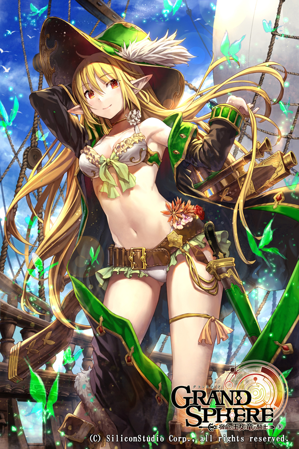 1girl belt bikini black_cape blonde_hair blue_sky bow breasts bug butterfly cape cleavage collarbone copyright_name day eyebrows_visible_through_hair floating_hair frilled_bikini frills gabiran grand_sphere green_bow green_hat groin hair_between_eyes hand_in_hair hat holding holding_hair insect knife lens_flare long_hair looking_at_viewer medium_breasts navel official_art orange_eyes orange_ribbon outdoors pointy_ears ribbon sheath sheathed sky smile solo standing sun_hat swimsuit thigh_ribbon very_long_hair white_bikini