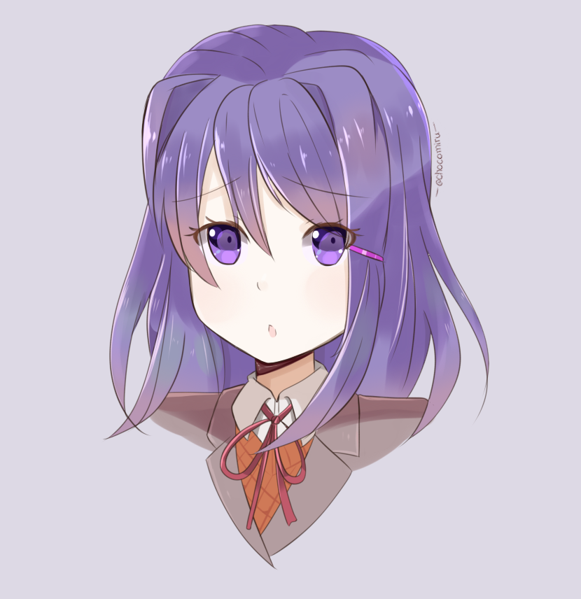 1girl artist_name chocomiru commentary doki_doki_literature_club english_commentary eyebrows_visible_through_hair eyes_visible_through_hair grey_background grey_jacket hair_between_eyes hair_ornament hairclip jacket looking_at_viewer open_mouth portrait purple_hair school_uniform simple_background solo violet_eyes yuri_(doki_doki_literature_club)
